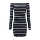 New Arrival Fashion Lady Off-shoulder Classic Stripe Pattern Slim Dress