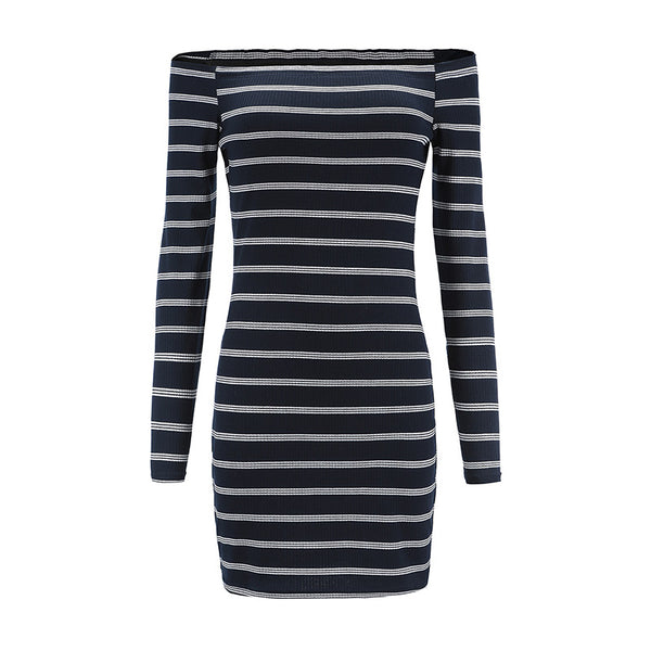 New Arrival Fashion Lady Off-shoulder Classic Stripe Pattern Slim Dress