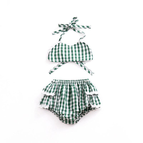 2Pcs Set Lace Green Plaid Printed Shorts And Crop Backless Lace Up Fresh New Fashion Girls Tops