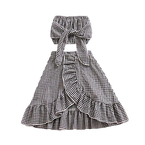 2Pcs Set Cotton Black Plaid Printed Irregular Skirt And Bowknot Boob Tube Kids Tops