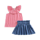 2Pcs Set Girls Blue Lace Denim Skirts And Cotton Ruffle Sleeve Red Plaid Printed Trend T-Shirts