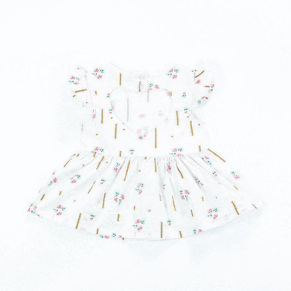 Latest Style Girls Cotton White Ruffle Sleeve Floral Printed Cute Heart Backless Dress