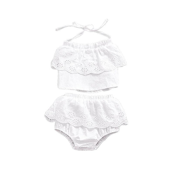 2Pcs Set Girls Cotton White Lace Shorts And Sling Backless Pretty T Shirts
