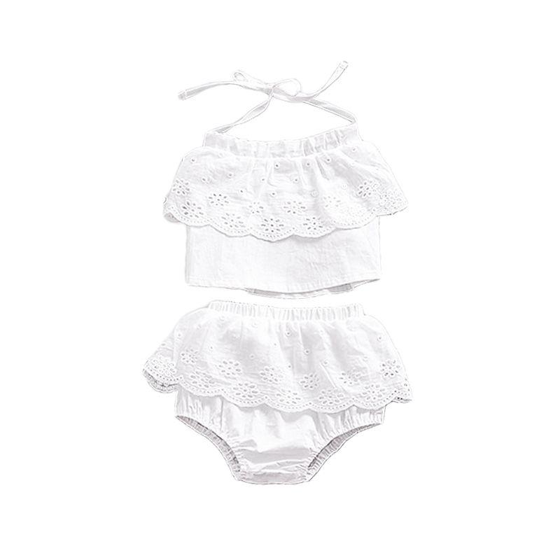 2Pcs Set Girls Cotton White Lace Shorts And Sling Backless Pretty T Shirts