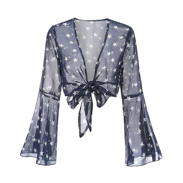Woman Navy Fashion Sexy Stars Printed V-Neck Loose Flare Sleeves Cropped Blouse