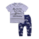 2Pcs Set Boys Cotton Blue Dinosaur Printed Pants And Gray Short Sleeve Letter Printed Tops