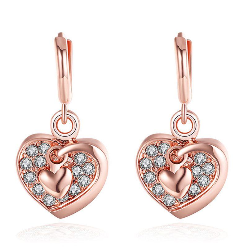 Classic Style Alloy Crystal Rose Gold Heart Women Drop Earrings