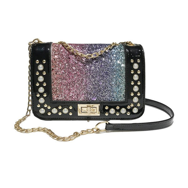Chic Modern Versatile Party Holiday Shiny Sequins splicing Pearl Revet Fold Cover Crossbody Bags