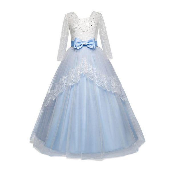 Latest Style Girls Blue Pink Lace Half Sleeve Bowknot Belt Performance Birthday Party Elegant Princess Dress