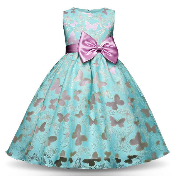 New Arrived Girls Green Blue Pink Sleeveless Bowknot Belt  Hot Stamping Butterfly Printed Princess Dress