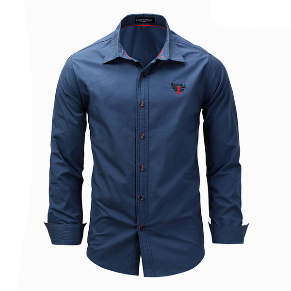 Man Lapel Collar Long Sleeves Solid Color Cotton Shirt