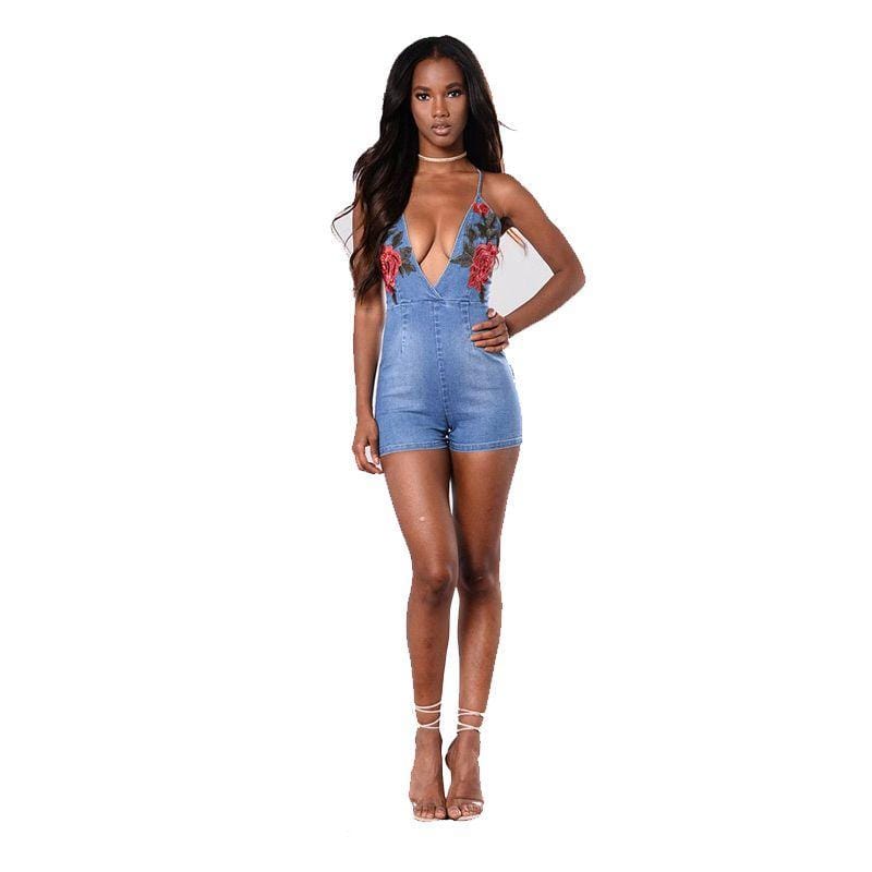 Sexy Lady Fashion Style Embroidery Denim Slim Deep V Floral Rompers