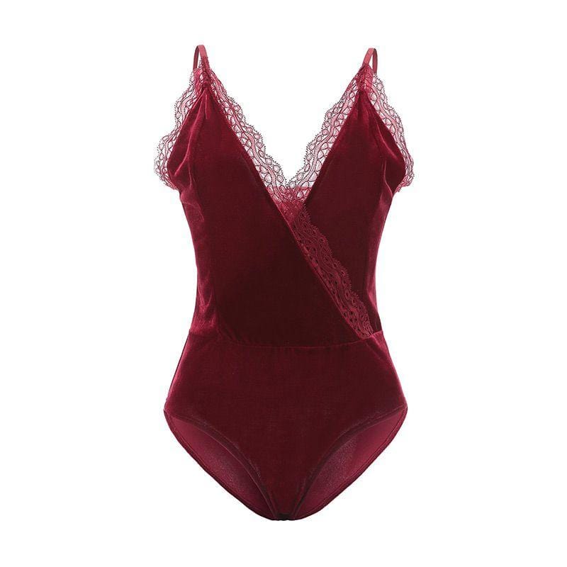 Women Hot Sale Night Club Pattern Solid Color Velvet V Collar Strap Bodysuits