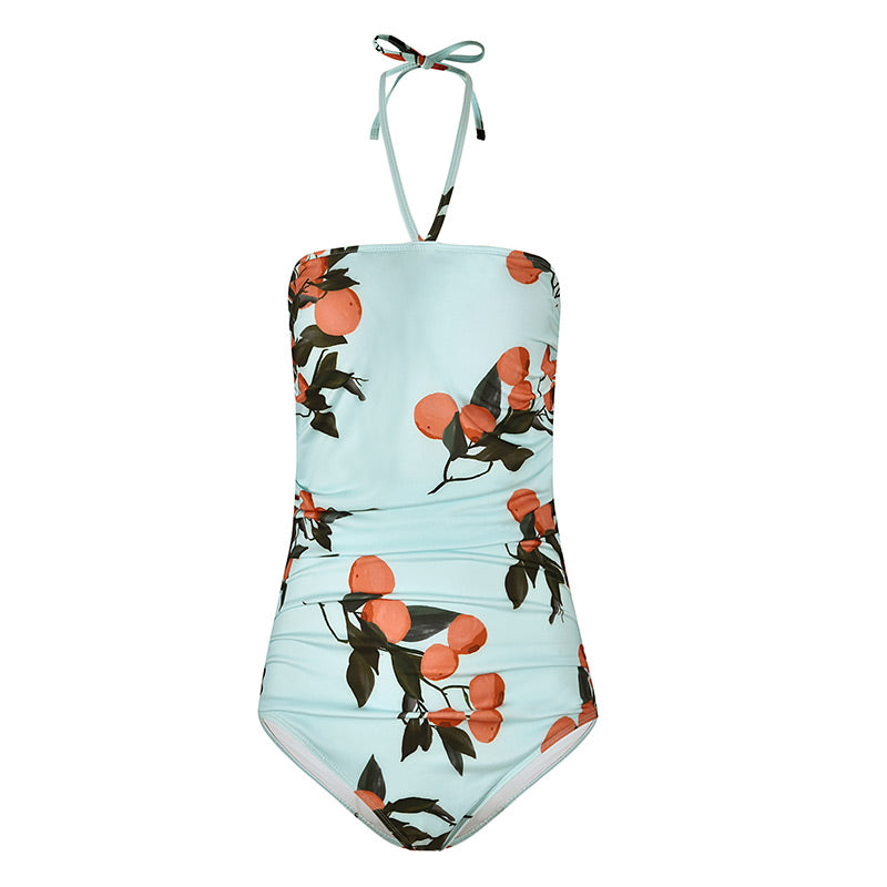 New Arrival Women Fashion Style Floral Print Classic One-piece Halter Swimsuit