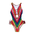 Fashion Lady Bohemian Style Bright Rainbow Color Deep V Pattern Hollow Out Sexy One-piece Swimwear