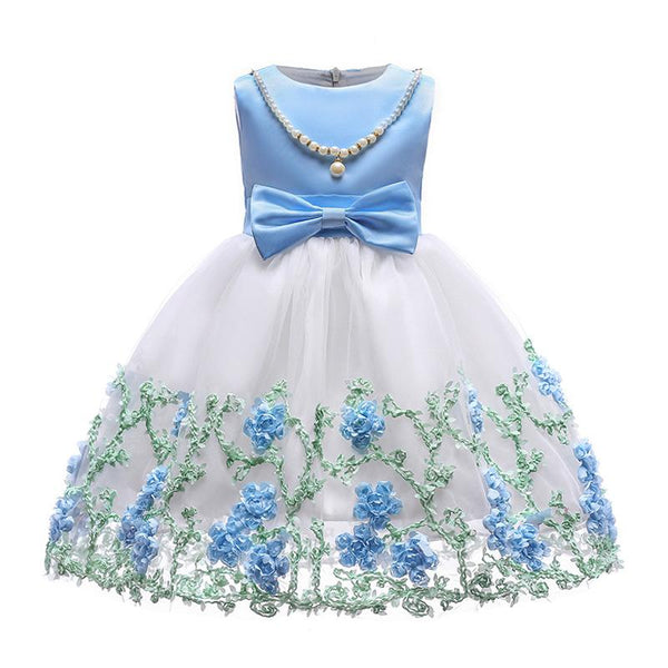 Hot Sale Wedding Fashion Artistic Imitation Pearl Decoration Bowknot Embroidery Sleeveless Cotton Girls Fancy Dress