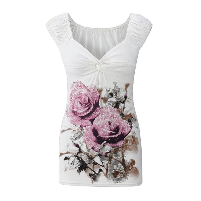 Woman Hot-selling Trendy Flowers Printed Crossing V-Neck Casual Slimming T-shirts