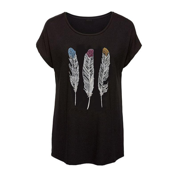 Woman New Fashion Casual Feather Printed O-Neck Cotton T-shirts With Acrylic Diamonds