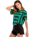 Lady Hot Sale Stripes Fashion Style Irregular Hemline O-Neck Loose T-shirts