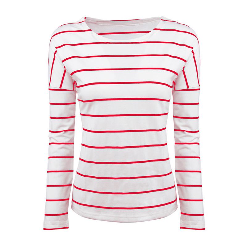 Lady Fashionable Stripes Style O-Neck Loose Plus Size Long Hollow Sleeves T-shirts