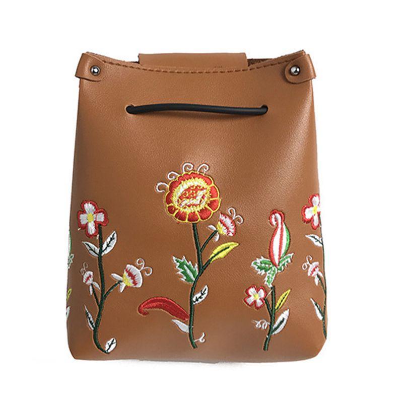 Women New Arrival Retro Ethnic Style Handmade Embroidery Flowers PU Leather Bucket Shape Crossbody Bag