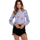 Woman Blue Stripes Style Stand Collar Flowers Embroidered Long Sleeves Single Breasted Cotton Blouses