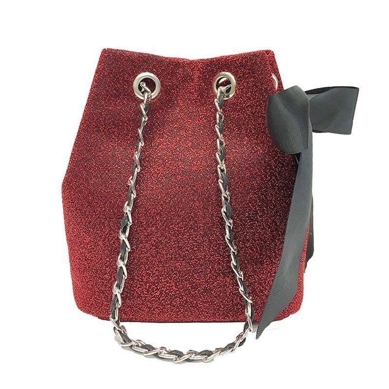 Women Graceful Style Creative Geometry Shape Shiny Metallic Cotton Material Bowknot Decorated Crossbody Bucket Bag