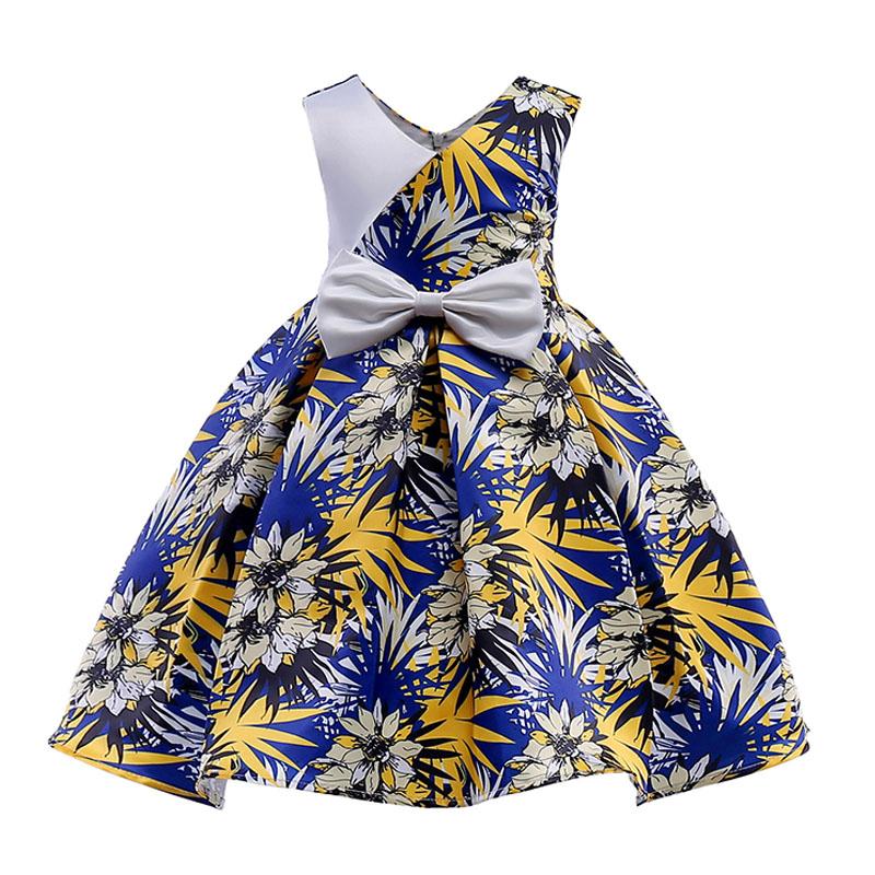 Elegant Girl Princess Dress Design New Bowknot Decoration Cotton Sleeveless Full Flower Print Dress