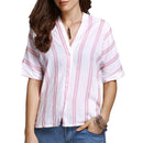 Woman Fashion Stripes Style Deep V-Neck Short Batwing Sleeves Single Breasted Blouses