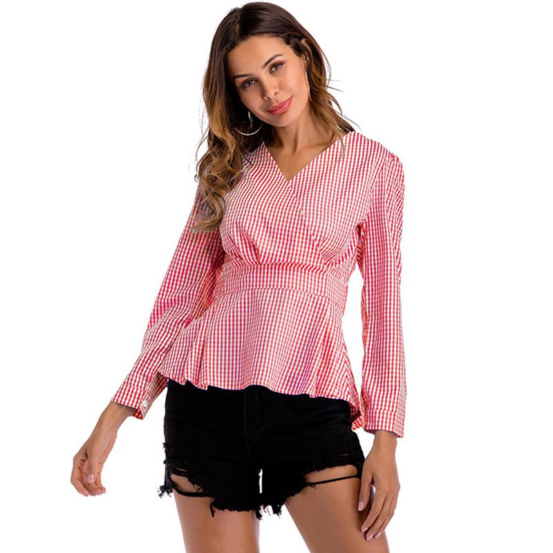 Female Trendy Plaids Style V-Neck Slimming Irregular Hemline Long Sleeves Blouses