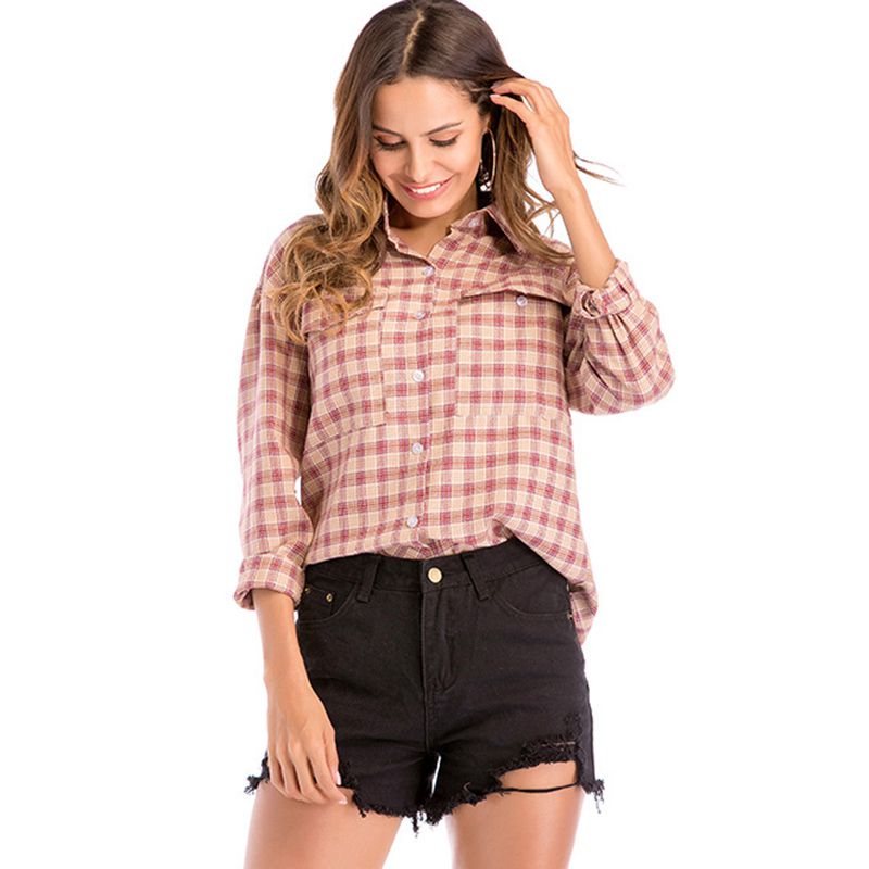 Female Classic Casual Style Plaids Lapel Loose Long Sleeves Blouses With Pocket