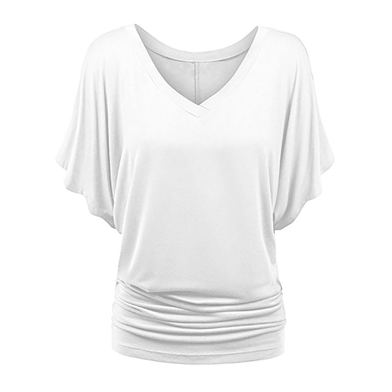 Lady Simple Style Loose Solid Color V-Neck Short Sleeves Blouses