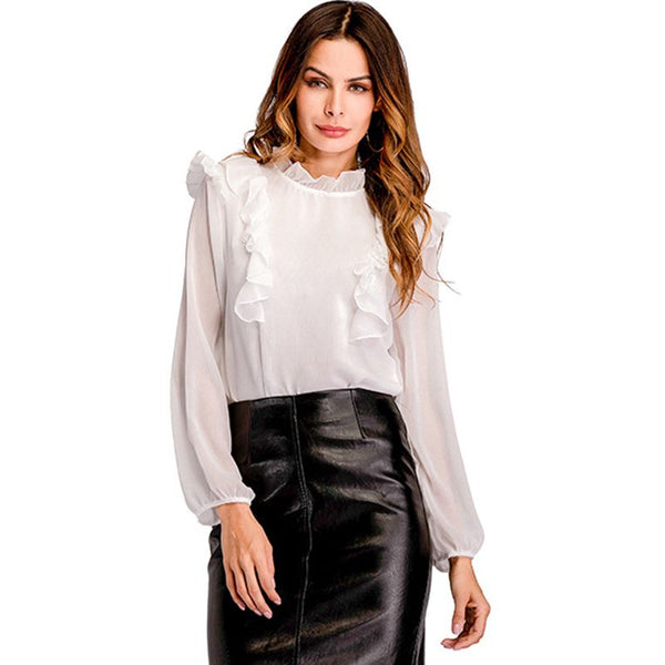 Female Simple Style Solid Color Stand Collar Long Sleeves Flouncing Blouses