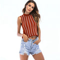 Women Fashion Stripes Style Block Color Slimming Turtleneck Sleeveless Knitted Tops