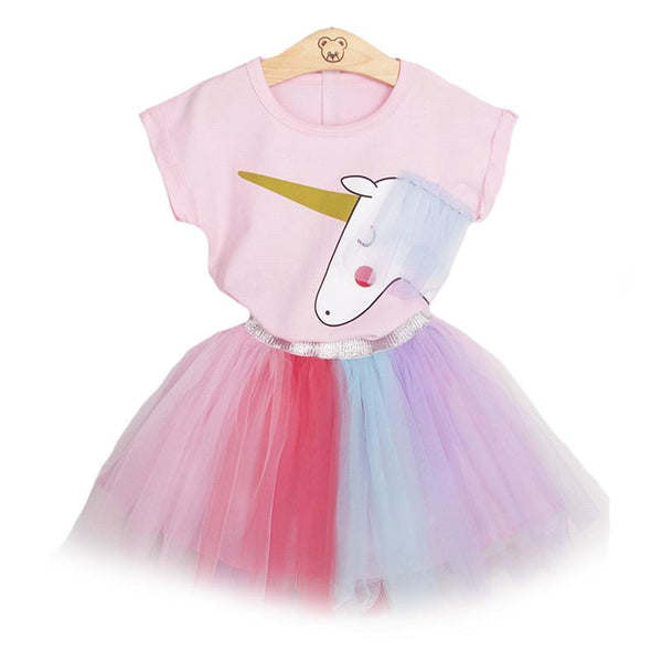 Kids Hot Sale Pink O-Neck Unicorn Printed Tees And Gauze Colorful Skirt 2Pcs Set