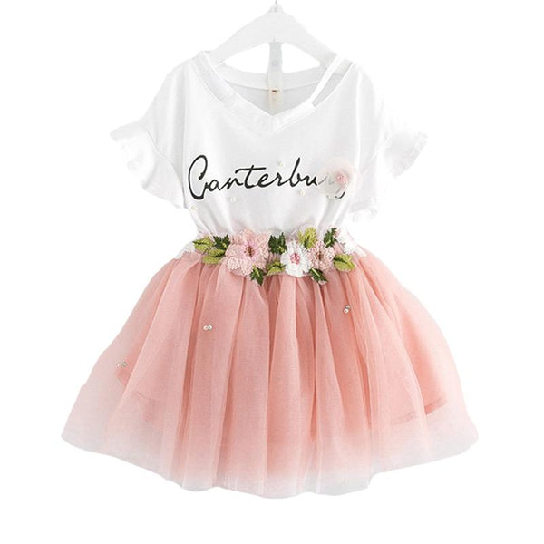 Kids New Arrival Cute Letters Printed Tees And Tutu Gauze Skirt With Flowers 2Pcs Set