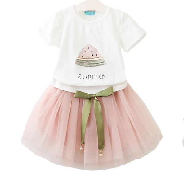 Kids New Arrival "Summer" Watermelon Printed Tees And Gauze Skirt With Imitation Pearl 2Pcs Set