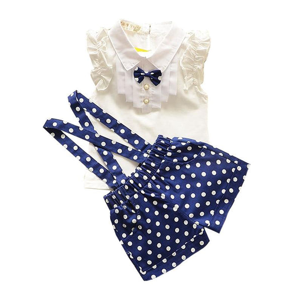 Kids New Arrival Sleeveless Shirt With Bow Knot And Dot Printed Strap Shorts 2Pcs Set