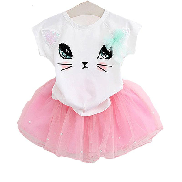 Kids New Arrival Cat Printed Tees And Gauze Skirt With Imitation Pearls 2Pcs Set