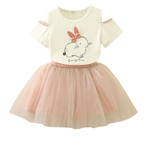 Kids New Fashion Off Shoulder Rabbit Printed Tops And Gauze Skirt 2Pcs Set