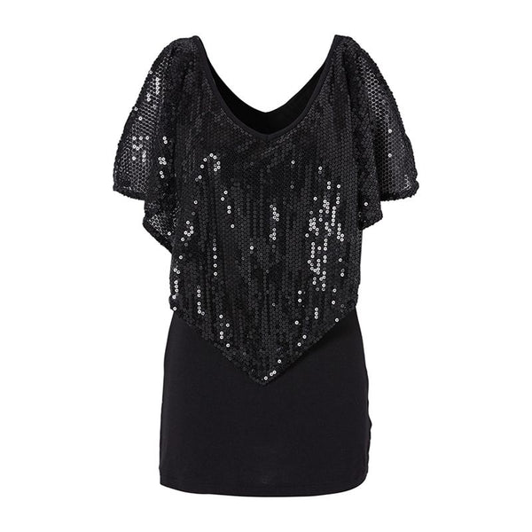 Hot Sale Sexy Glitter Fashion V-Neck Sequins Splicing Batwing Sleeves Cold Shoulder Design Blouses For Women