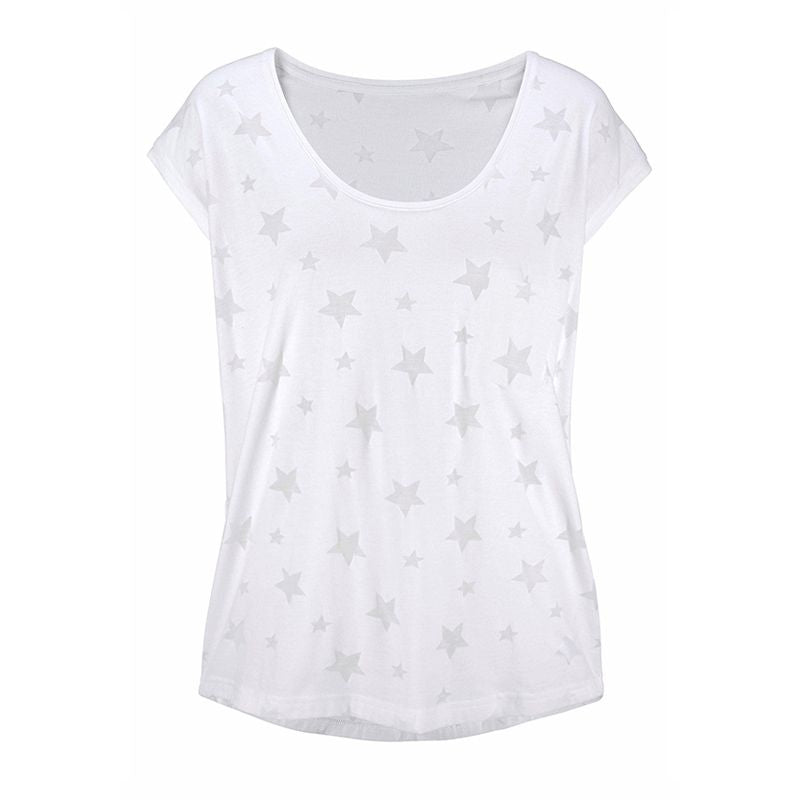 Hot Sale Casual Fashion Round Neck Short Sleeves Stars Printed Women Blouses For Beach Holiday