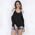 Elegant Trendy Round Neck Lace Splicing Cold Shoulder Long Sleeves Cotton Blouses Tops