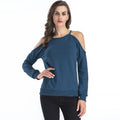 Simple Fashion Plus Size Round Neck Cold Shoulder Long Sleeves Cotton Plain Blouses For Women