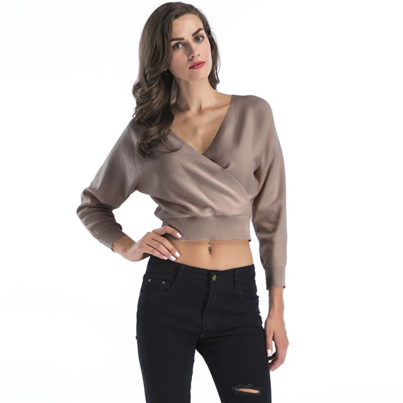 Elegant Graceful Loose Plus Size Long Sleeves V-Neck Short Crop Tops Design Cotton Sweaters For Women