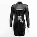 Women Fashion Party Queen Unique PU Design See-Through Mesh Patchwork Slim Long Sleeves Dress