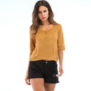 Female Simple Solid Color O-Neck Hollowed Out Knitwear Backless Thin Short Sleeves Cool Tops