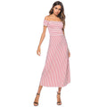 Elegant Women Fashion Style Classic Stripes Print Sexy Off-Shoulder Long Dress