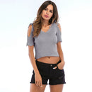 Lady V-Neck Thin Slimming Bowknots Patchwork Lace Off Shoulder Knitted Crop Tops