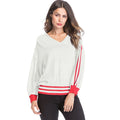 Lady Fashion Color Blocking Stripes Style V-Neck See Through Loose Thin Knitted Blouses With Hat